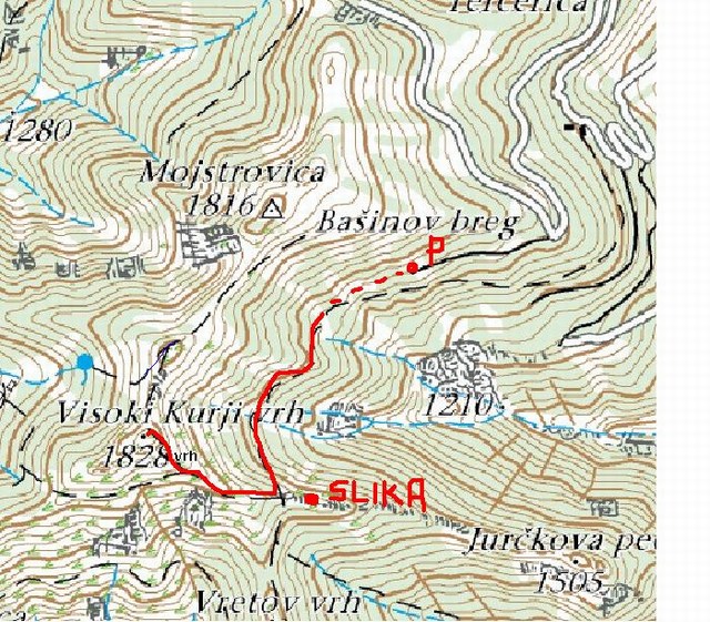 Pot na karti. P = parkiral,  SLIKA - mesto posnetka - glej sliko spodaj